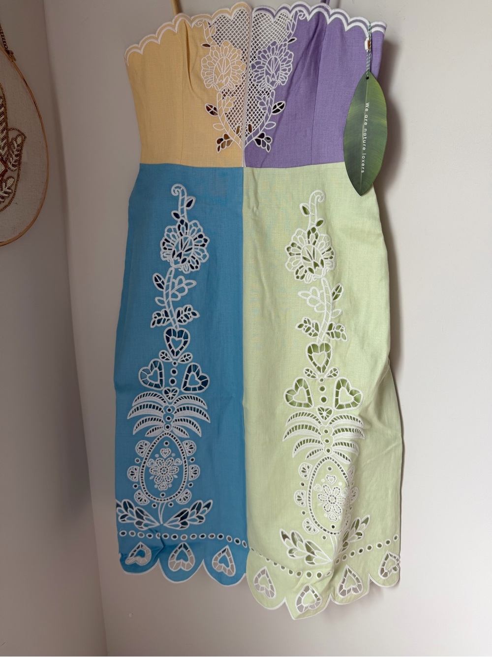 FARM Rio eyelet embroidered Colorblock blue green purple peach linen Midi Dress - Picture 2 of 14
